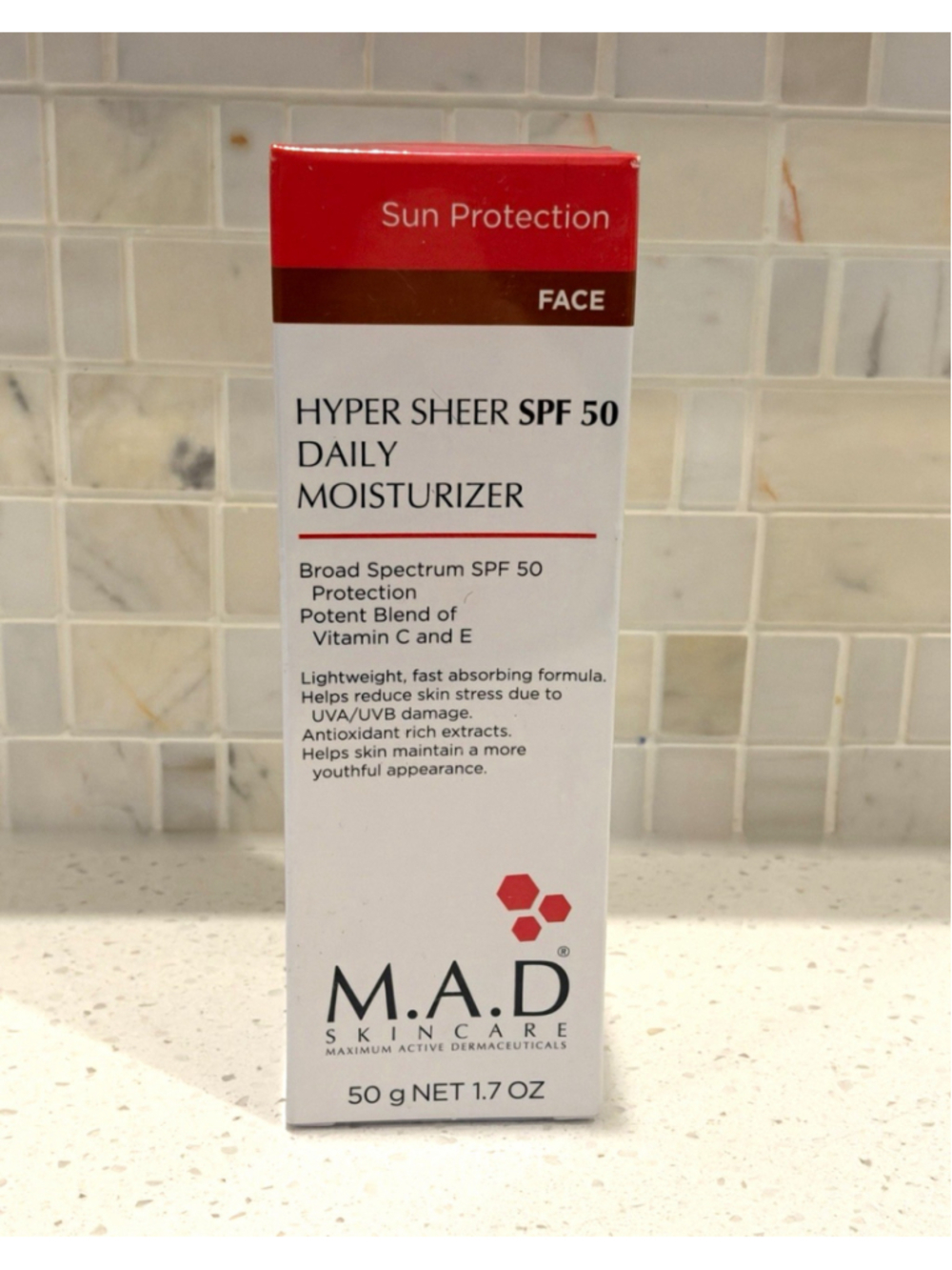 M.A.D Skincare Hyper Sheer SPF 50 Face Moisturizer Broad Spectrum Vit C&E 50g